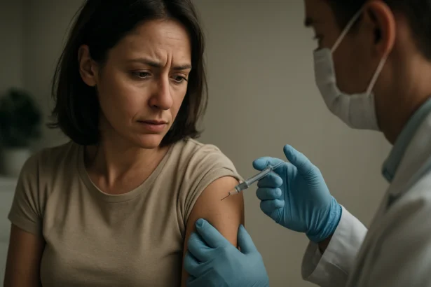 Žena nervózne čaká na injekciu Ovitrelle od zdravotníka.