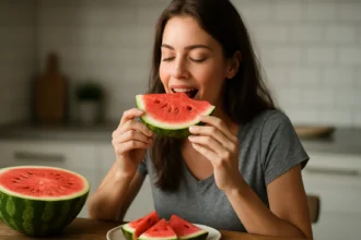 Žena vychutnáva si kus melónu v kuchyni