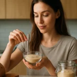 Žena pridáva droždie do misky, zdravá strava.