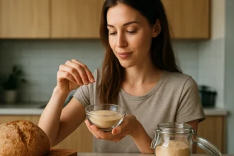 Žena pridáva droždie do misky, zdravá strava.