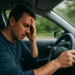 Muž za volantom s bolesným výrazom, symbolizuje stres a zdravotné riziká spojené s rýchlosťou.