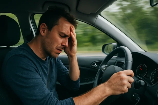 Muž za volantom s bolesným výrazom, symbolizuje stres a zdravotné riziká spojené s rýchlosťou.