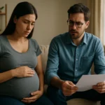Tehotná žena a muž diskutujú, s náznakom obáv o tehotenstvo.