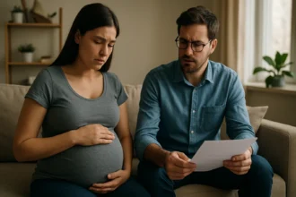 Tehotná žena a muž diskutujú, s náznakom obáv o tehotenstvo.