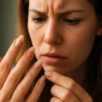 Žena skúma prvé príznaky poškodenia umelých nechtov.