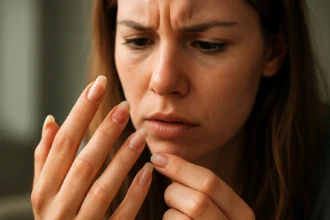 Žena skúma prvé príznaky poškodenia umelých nechtov.