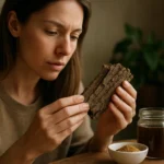 Žena skúma kôru krušiny, prírodný liek na zdravie