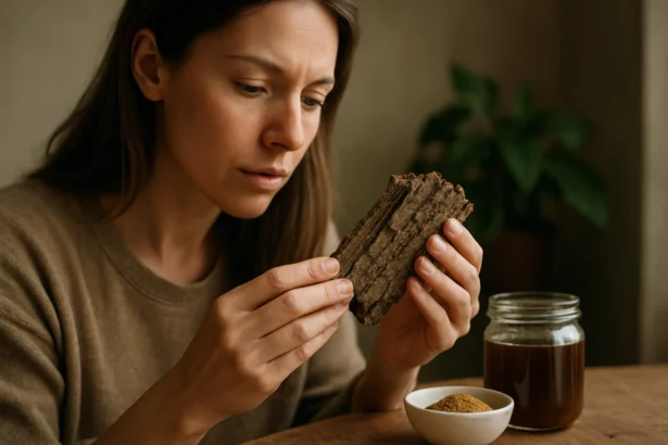 Žena skúma kôru krušiny, prírodný liek na zdravie