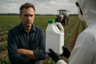 Muž diskutujúci o herbicíde na poľnohospodárskom poli