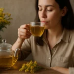 Žena vychutnáva zlatobyľový čaj v poháre s kvetmi v pozadí.