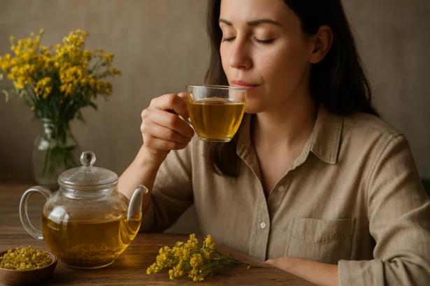Žena vychutnáva zlatobyľový čaj v poháre s kvetmi v pozadí.