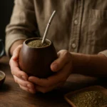 Osoba drží tradičný pohár s yerba maté a kovovou slamkou.