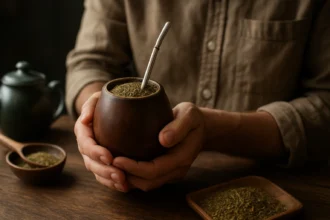 Osoba drží tradičný pohár s yerba maté a kovovou slamkou.