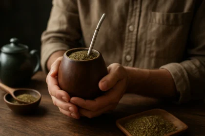 Osoba drží tradičný pohár s yerba maté a kovovou slamkou.