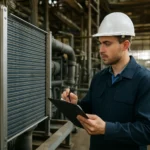 Inžinier skúma suchý chladič v priemyslenom prostredí