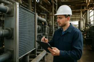 Inžinier skúma suchý chladič v priemyslenom prostredí