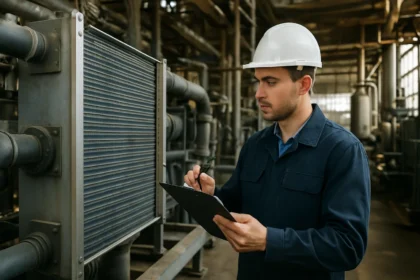 Inžinier skúma suchý chladič v priemyslenom prostredí
