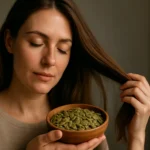 Žena s tekvicovými semienkami a zdravými vlasmi.