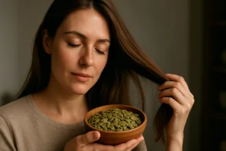 Žena s tekvicovými semienkami a zdravými vlasmi.