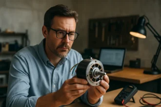 Muž skúma BLDC motor s multimetrom na stole.