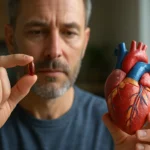 Muž drží kapsulu koenzýmu Q10 a model ľudského srdca.