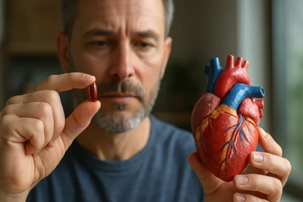 Muž drží kapsulu koenzýmu Q10 a model ľudského srdca.