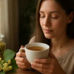 Žena si vychutnáva čaj z lipy s relaxačným výrazom tváre.