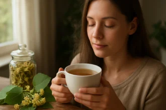 Žena si vychutnáva čaj z lipy s relaxačným výrazom tváre.