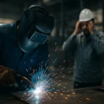 Zvárač pracuje s AWI zváraním a vytvára iskry v priemyselnom prostredí.