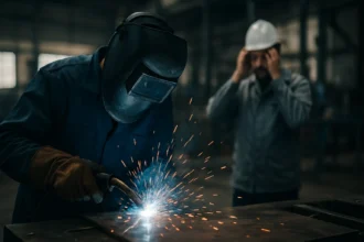 Zvárač pracuje s AWI zváraním a vytvára iskry v priemyselnom prostredí.