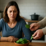 Žena má obavy z konzumácie špenátu, ktorý môže obsahovať kyselinu šťaveľovú.