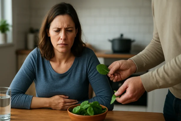 Žena má obavy z konzumácie špenátu, ktorý môže obsahovať kyselinu šťaveľovú.