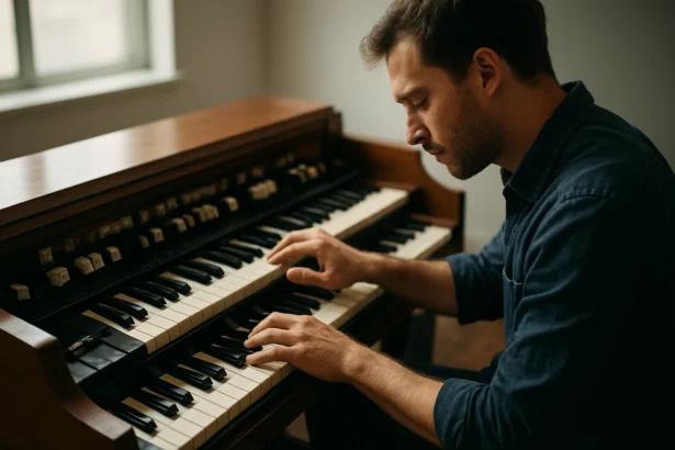 Muž hrá na Hammond organ v útulnom prostredí.