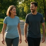 Dva ľudia sa usmievajú a kráčajú po parkovej ceste.