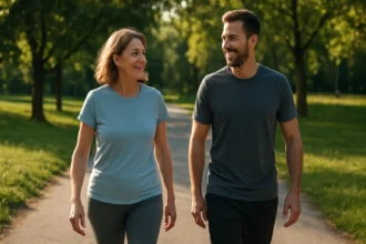 Dva ľudia sa usmievajú a kráčajú po parkovej ceste.