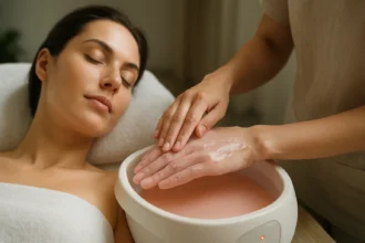 Žena užívajúca si parafínovú kúru na ruky v relaxačnom salóne krásy.