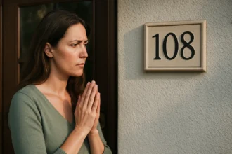 Žena s modlitbou pred domom s číslom 108