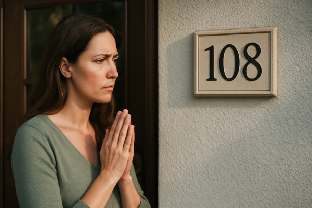 Žena s modlitbou pred domom s číslom 108