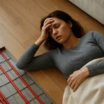 Žena leží na podlahe s podlahovým kúrením, cíti sa zle.