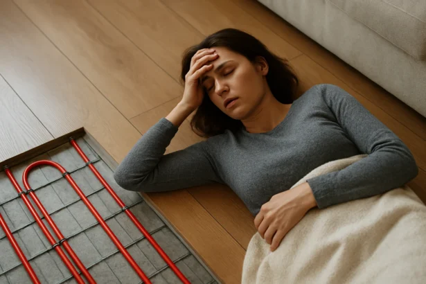 Žena leží na podlahe s podlahovým kúrením, cíti sa zle.