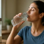 Žena piť vodíkovú vodu z čistej fľaše pre zlepšenie zdravia.