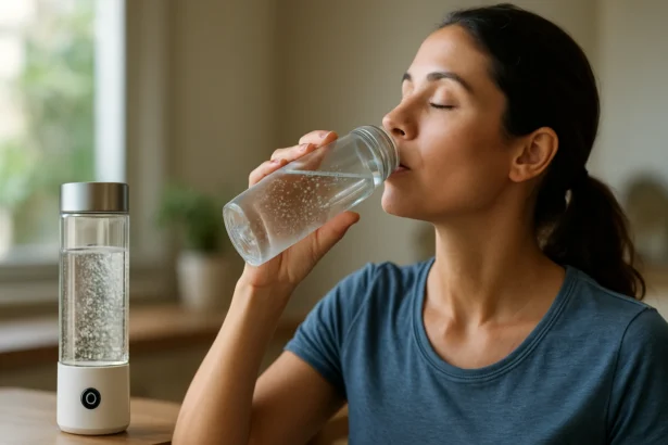 Žena piť vodíkovú vodu z čistej fľaše pre zlepšenie zdravia.