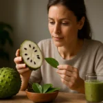 Žena skúma graviolu a čerstvé bylinky na stole.