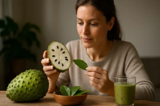 Žena skúma graviolu a čerstvé bylinky na stole.