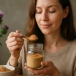 Žena drži lyžicu prášku z ostropestreca mariánskeho v ruke