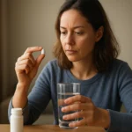 Žena drží tabletu Reergin a pohár vody, zamyslená nad účinkami.