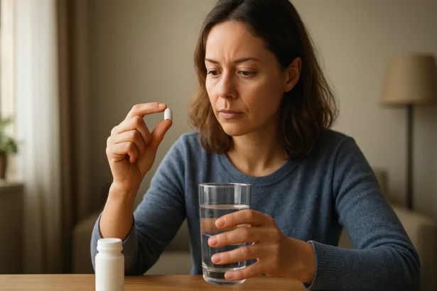 Žena drží tabletu Reergin a pohár vody, zamyslená nad účinkami.