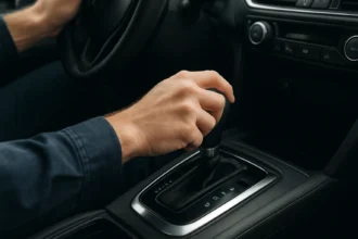 Ruka ovládajúca automatickú prevodovku EAT6 v modernom aute.