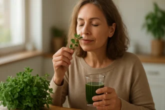 Žena s oreganom a zeleným nápojom, objavujúca jeho liečivé účinky.