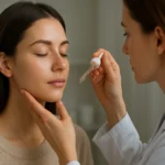 Žena dostáva pleťovú starostlivosť pomocou séra od dermatológa.